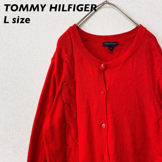 TOMMY HILFIGER(トミーヒルフィガー)のトミーヒルフィガー　ニットカーディガン　ケーブル編み　フラッグロゴ　赤色　L レディースのトップス(カーディガン)の商品写真