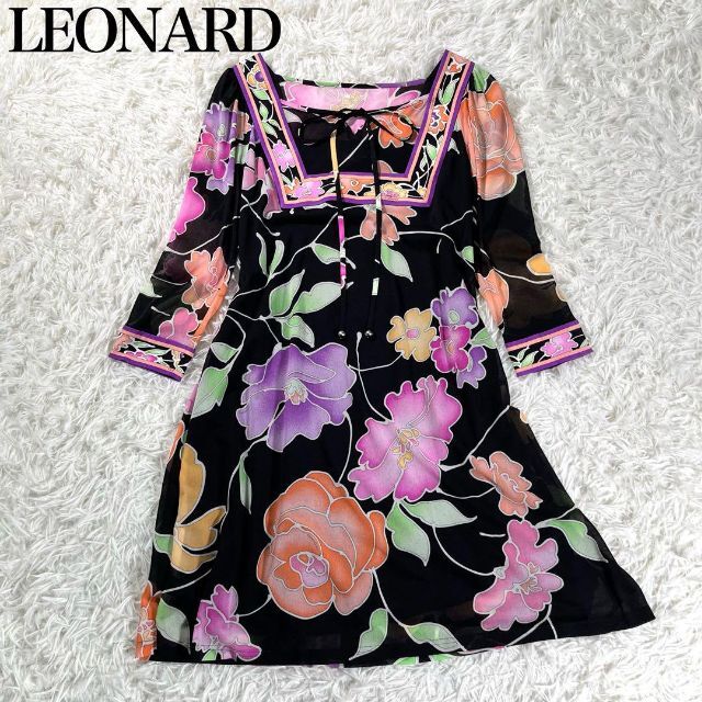 極美品】LEONARD レオナール カンカン素材フラワー総柄ワンピース