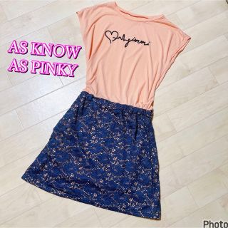 アズノゥアズピンキー(AS KNOW AS PINKY)のアズノウアズピンキー　Tシャツレースワンピ　オールインワン　ドッキングワンピース(ミニワンピース)