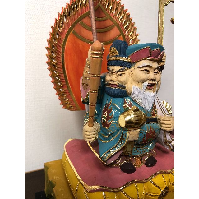 初売りセール 仏像木彫り 三面大黒天 桧木 22cm 新品 彫刻+オブジェ