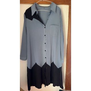 シャツワンピース 長袖 シフォン 水色 4XL ワンピース 大きいサイズ(ひざ丈ワンピース)