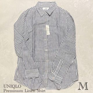 ユニクロ(UNIQLO)の【タグ付 新品 M】ユニクロ ストライプ プレミアム リネンシャツ ネイビー(シャツ/ブラウス(長袖/七分))