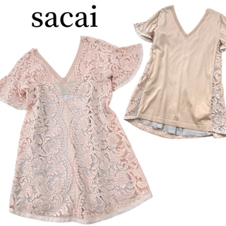 サカイ(sacai)のsacai バックレース Ｖネック レイヤードニットチュニック 11ss (シャツ/ブラウス(半袖/袖なし))