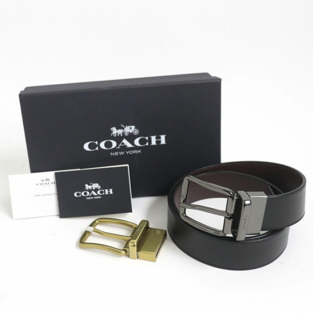 未使用品◆COACH コーチ ロゴ刻印入りバックル リバーシブル バックル2個セット レザーベルト 黒/茶 ゴールド・シルバー金具 メンズ 箱付き
