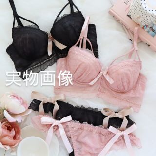 新品Iまで甘さ要素満点♡リボンフリルブラジャーショーツセット紐パン(ブラ&ショーツセット)