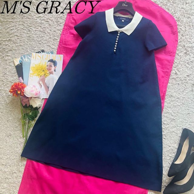 M'S GRACY - 【美品】M'S GRACY サマーニットワンピース 白襟 パール ...