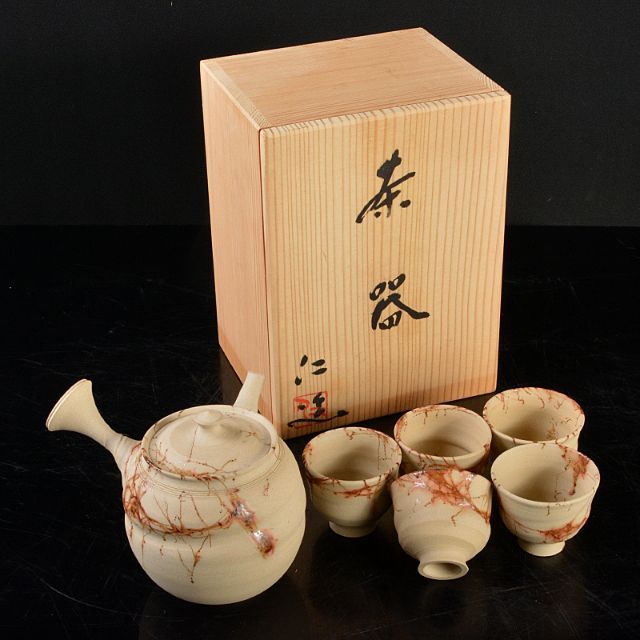 煎茶道具 常滑焼 谷川仁作 白泥藻掛 茶器 急須 茶碗 共箱 D 煎茶道具 常滑焼 谷川仁作 白泥藻掛 茶器 急須 茶碗 共箱 D