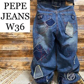 ペペジーンズ(Pepe Jeans)のぺぺジーンズワッペンバギーデニムジーンズ刺繍b系極太古着オーバーサイズw36(デニム/ジーンズ)