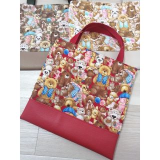 【ハンドメイド】　サブバッグ　　トートバッグ　　くまちゃん♥　レッド(外出用品)