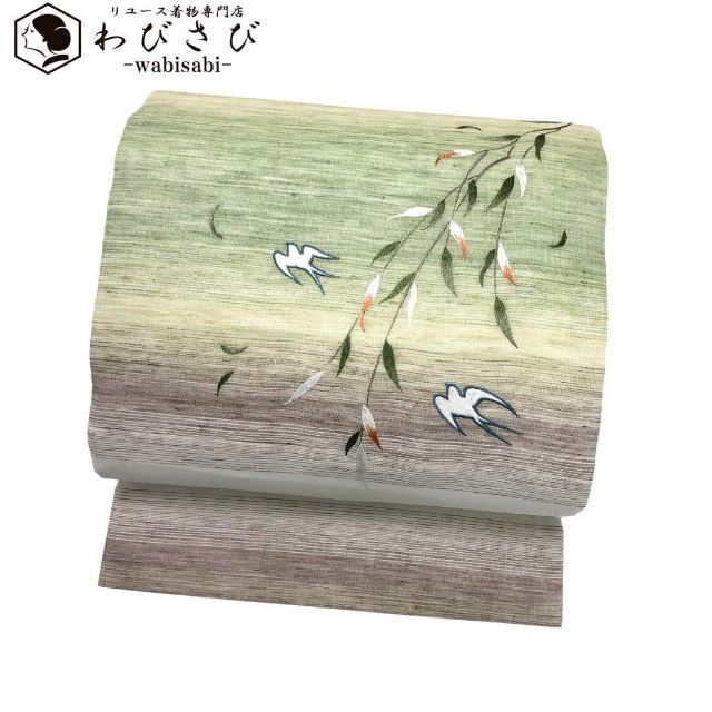 k-6 名古屋帯　近江の麻　山葵色　つばめ　刺繍　美品
