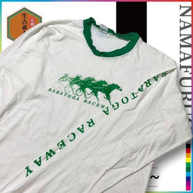 古着 NORTOG 80s  リンガー　緑　サラトガ　競馬　レース ビンテージ メンズのトップス(Tシャツ/カットソー(七分/長袖))の商品写真