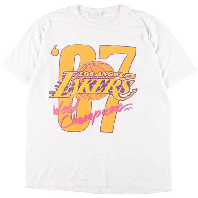80年代 ヘインズ Hanes NBA LOSANGELES LAKERS ロサンゼルスレイカーズ スポーツプリントTシャツ USA製 メンズXL ヴィンテージ /eaa32643356cm袖丈