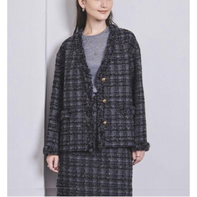 UNITED ARROWS ファンシーツイード Vノーカラー ジャケット 38 出産