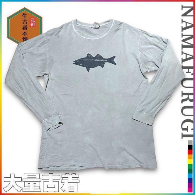 古着 90s  魚　ブラックバス　魚拓　プリント 長袖　Tシャツ　ロンT メンズのトップス(Tシャツ/カットソー(七分/長袖))の商品写真