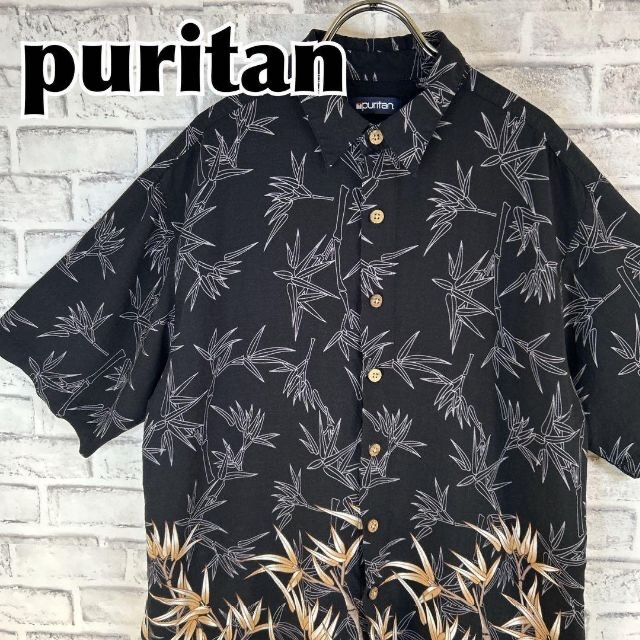 puritan ピューリタン 黒アロハ 総柄 竹 葉 アロハシャツ 半袖 輸入品 ...