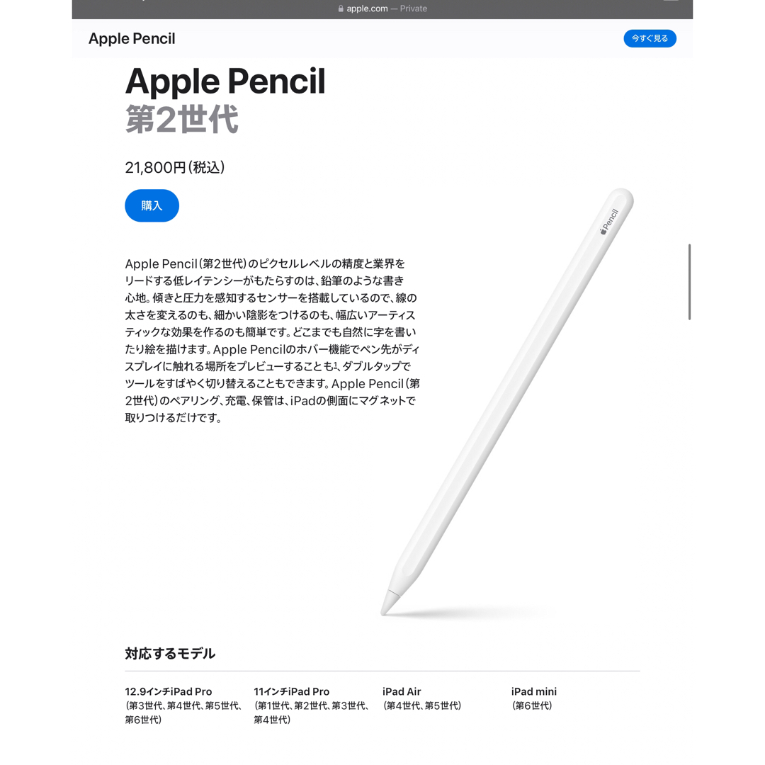 Apple(アップル)の純正 Apple Pencil 2 アップル ペンシル 第2世代 __E3 スマホ/家電/カメラのPC/タブレット(PC周辺機器)の商品写真