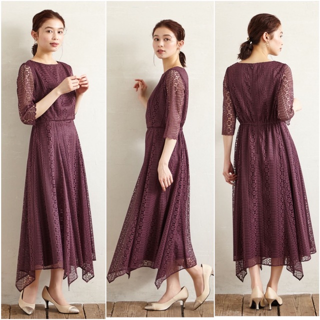 AIMER - 美品✨ エメ ストライプレースランダムヘム ミモレ丈 ドレス