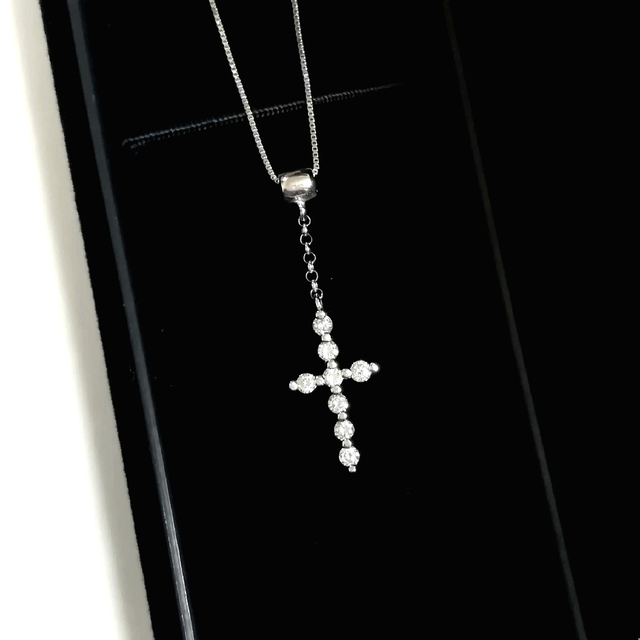 美品) K18WG クロスダイヤモンドロザリオネックレス - ネックレス