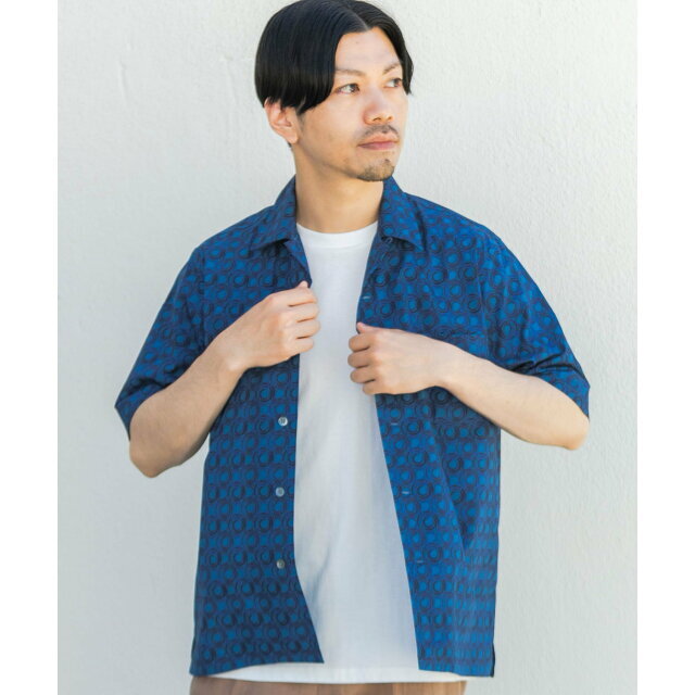 【BLUE】ジオメトリック柄オープンカラー半袖シャツ