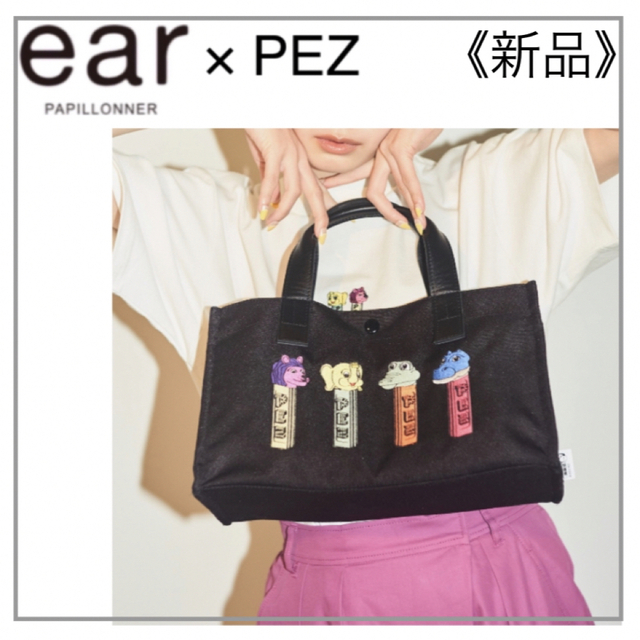 ear PAPILLONNER(イアパピヨネ)の黒　刺繍トートバッグ ・PEZ（ペッツ）×ear レディースのバッグ(トートバッグ)の商品写真