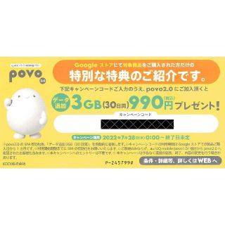 POVOキャンペーンコード　３G　９９０円(その他)