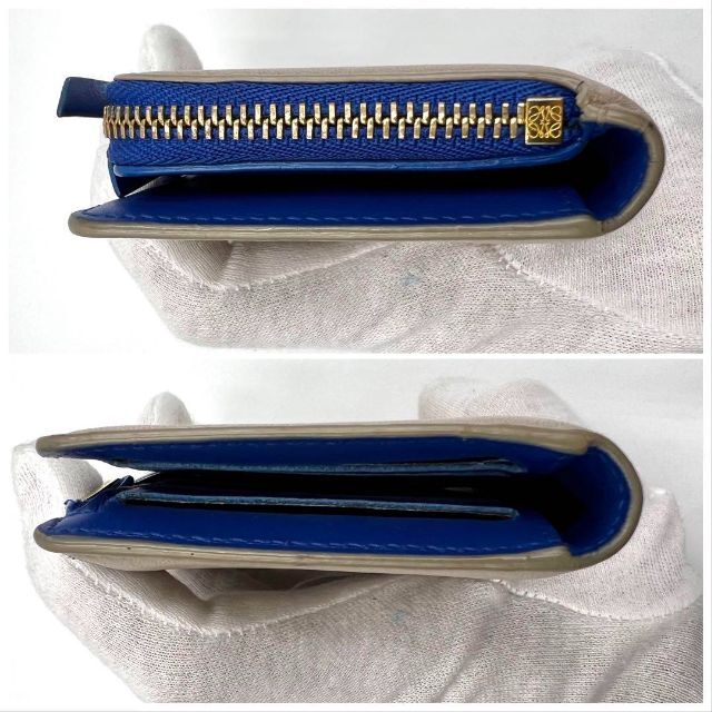 美品】ロエベ 二つ折り財布 アナグラム レザー グレー ラウンドジップ