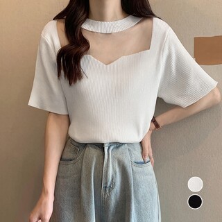 ♬セクシーサマーニット 胸元シースルー リブニット ホワイト■韓国ファッション(ニット/セーター)