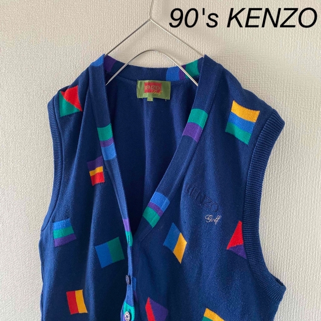 90'sKENZOケンゾーニットベストセーターネイビーマルチカラー紺メンズ半袖m