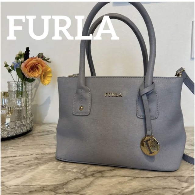 美品【FURLA】ハンドバック　2WAY ショルダーバッグ  ブルーレザー