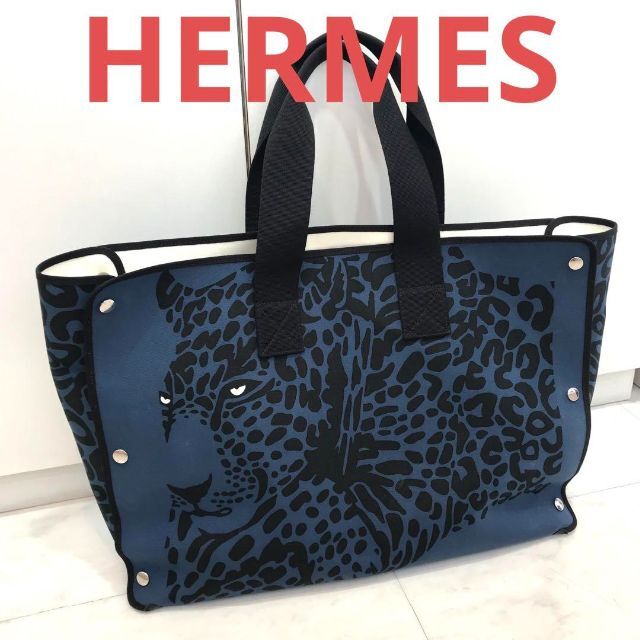 約50cm付属品超レア☆美品☆HERMES　レオパード　トートバッグ　折り畳み　ブルー　豹