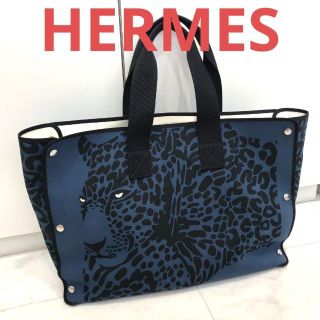 エルメス(Hermes)の超レア☆美品☆HERMES　レオパード　トートバッグ　折り畳み　ブルー　豹(トートバッグ)