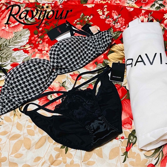 ★Ravijour★千鳥格子ブラショーツ★フルバックパンツ下着★バッグ付★B70