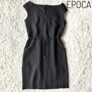 エポカ(EPOCA)の【エポカ】リネンキーネックワンピース ベルト付き ブラック 40(ひざ丈ワンピース)