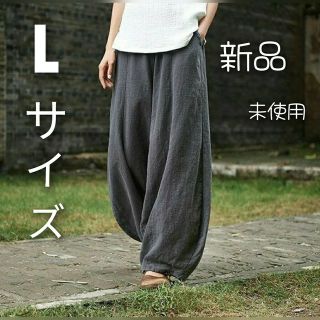 Ｌ★ サルエルパンツ ワイドパンツ グレー 綿麻 楽 コットン リネン(サルエルパンツ)