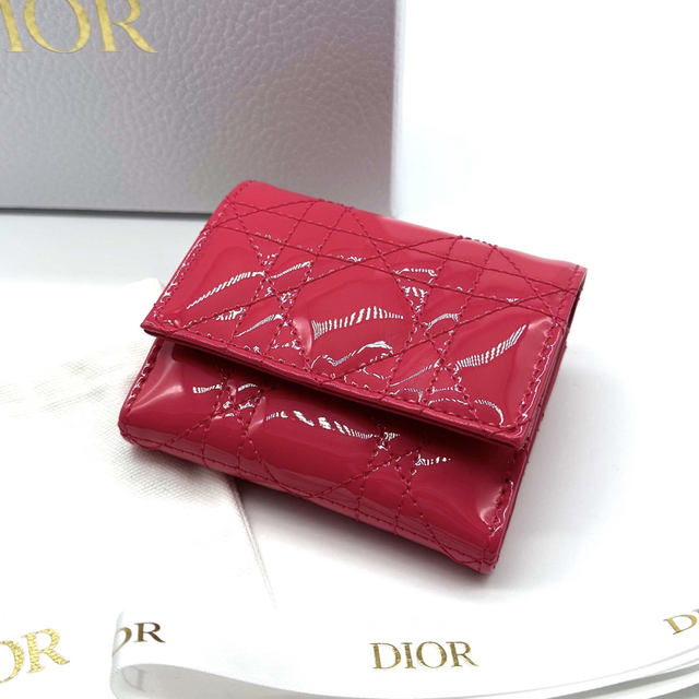 【美品】DIOR ディオール レディディオール カナージュ 三つ折り財布パテントレザーカラー