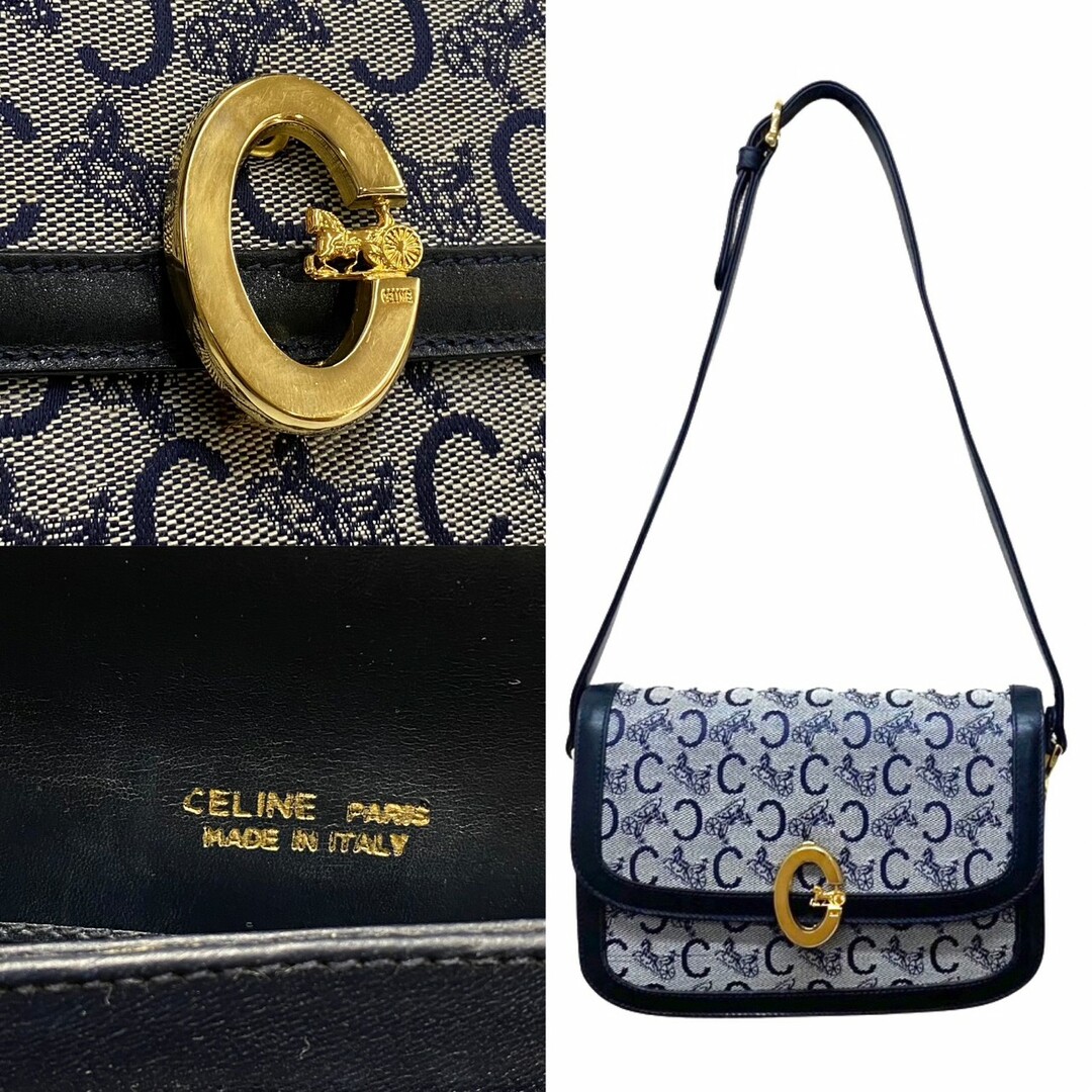 CELINE】ショルダーバッグ Cサルキー 馬車金具 キャンバス ネイビー ...