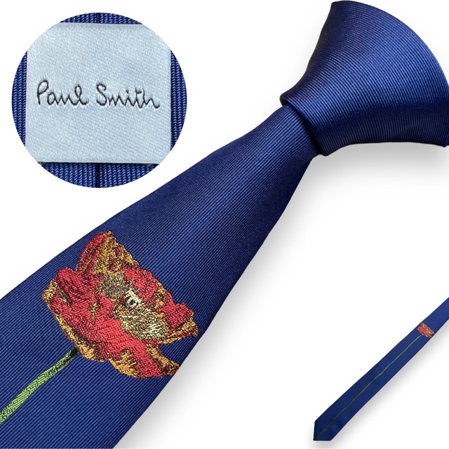 Paul Smith ポールスミス ネクタイ ナロータイ 花柄 刺繍 ネイビー
