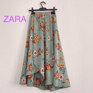 ザラ(ZARA)の【美品】ZARA BASIC 花柄アシメトリースカートザラベーシック　グリーン(ロングスカート)