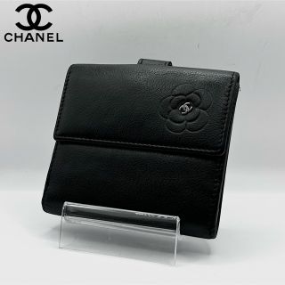 シャネル(CHANEL)の美品 CHANEL 二つ折り財布 バタフライ カメリア ラムスキン Wホック 黒(財布)