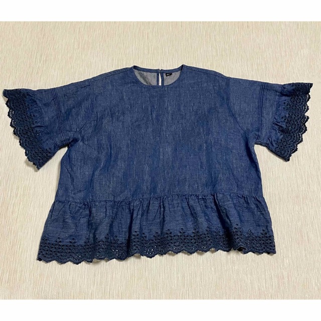 【美品】45R インドリネン カットワークTシャツ ブラウス 半袖 インディゴ