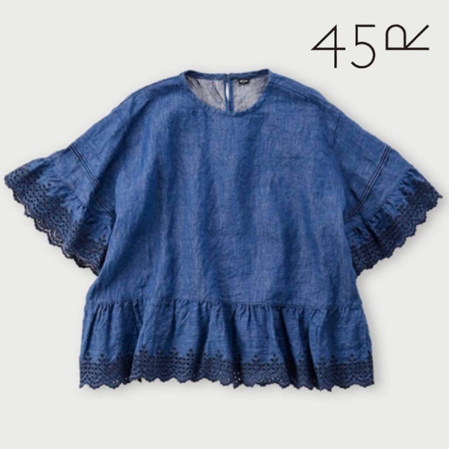 【美品】45R インドリネン カットワークTシャツ ブラウス 半袖 インディゴのサムネイル