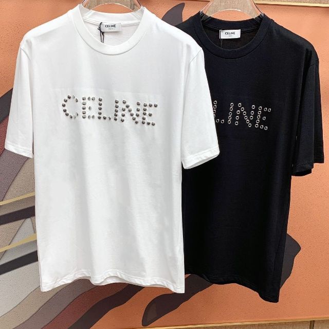 幅広type CELINE/セリーヌ スタッズ ロゴプリントコットンTシャツ