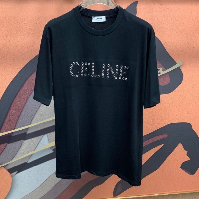 幅広type CELINE/セリーヌ スタッズ ロゴプリントコットンTシャツ