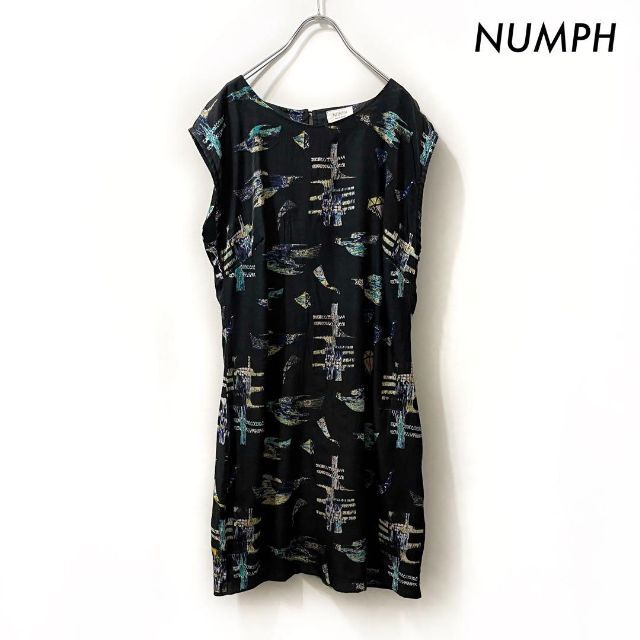 NUMPH(ニンフ)のNUMPH ニンフ★総柄フレンチ袖ワンピース チュニック ブラック 黒 レディースのワンピース(ミニワンピース)の商品写真