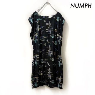 ニンフ(NUMPH)のNUMPH ニンフ★総柄フレンチ袖ワンピース チュニック ブラック 黒(ミニワンピース)