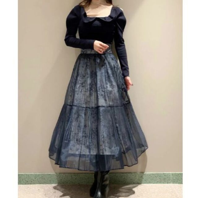 プリーツシフォンレイヤードプリントスカート ネイビー 0