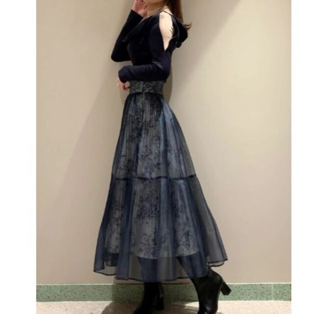 SNIDEL - プリーツシフォンレイヤードプリントスカート ネイビー SNIDEL - プリーツシフォンレイヤードプリントスカート ネイビー