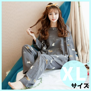 【GWセール】猫柄 パジャマ ルームウェア 上下セット 韓国 可愛い XLサイズ(パジャマ)