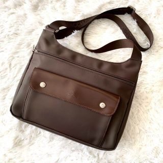 ロンシャン(LONGCHAMP)の【ロンシャン】ロゴ刻印 ショルダーバッグ ナイロン レザー ブラウン(ショルダーバッグ)