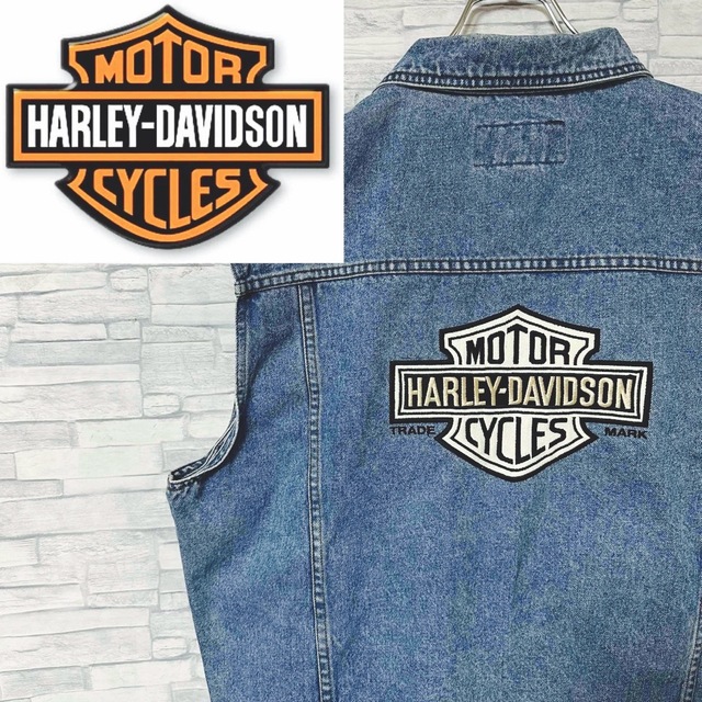Harley Davidson(ハーレーダビッドソン)の【激レア】ハーレーダビッドソン モノクロ刺繍ロゴ デニムベスト ジャケット L メンズのジャケット/アウター(Gジャン/デニムジャケット)の商品写真